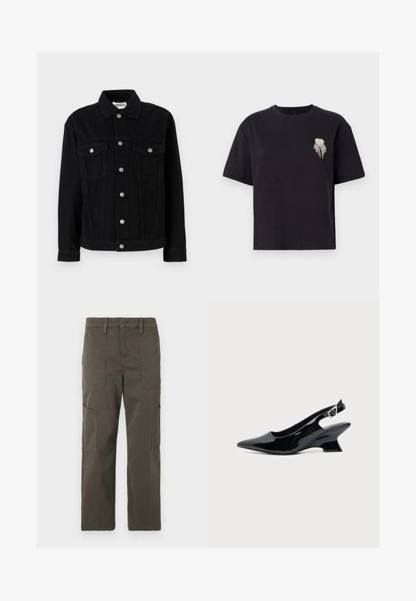 Sort denimjakke med lange ærmer, spids krave og to brystlommer. Har sølvfarvede trykknaplukninger og lige snit.; Sort bomulds T-shirt med rund hals og korte ærmer, prydet med et lille hjerte design glimrende med rhinsten på venstre bryst.; Good American CROPPED PANTS - Cargobukser - fatigue; Sort laklæder slingback sko med spids tå og lav vinklet blokhæl på ensartet lys baggrund.