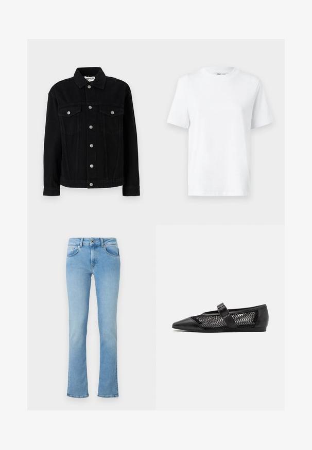 Veste en denim noir à manches longues, col pointu, et deux poches poitrine. Dotée de fermetures à boutons-pression argentés et d'une coupe droite.; T-shirt en coton blanc à col rond, avec des manches courtes et une texture lisse. Conçu avec une coupe décontractée pour plus de confort et de polyvalence.; Jean en denim bleu clair avec une taille ajustée, jambes évasées, design à cinq poches et fermeture par bouton. Le tissu a une texture lisse.; Chaussure plate noire avec un bout pointu, panneaux latéraux en maille et une sangle avec une boucle décorative. Fini lisse sur les sections du bout et du talon.