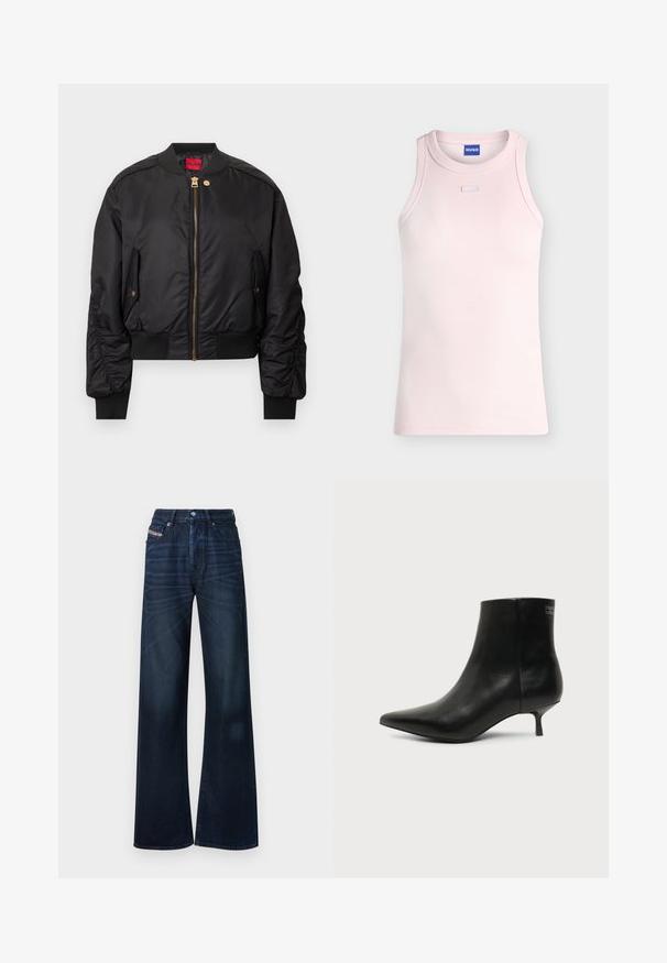 Veste bomber noire avec une fermeture éclair à l'avant, un col et des poignets côtelés, des poches latérales et des accents de quincaillerie dorée. Texture extérieure lisse.; Débardeur côtelé rose clair sans manches avec un col rond et un petit détail rectangulaire en tissu sous le col, étiquette HUGO à l'intérieur du col.; Jean large à jambes larges bleu foncé en denim. Comprend une fermeture à boutons, un design à cinq poches et un léger délavage sur le devant.; Bottine en cuir noir avec bout pointu et petit talon kitten sur fond clair, vue côté extérieur.