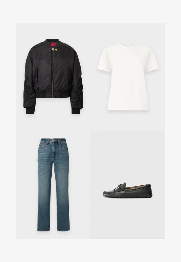 Veste bomber noire avec une fermeture éclair à l'avant, un col et des poignets côtelés, des poches latérales et des accents de quincaillerie dorée. Texture extérieure lisse.; T-shirt blanc à manches courtes et col rond avec un logo brodé discret sur le haut de la poitrine gauche, sur un fond uni gris clair.; Jean droit taille haute en denim bleu, avec un léger effet délavé, cinq poches et une fermeture par bouton.; Bateau en cuir noir avec un bout arrondi, des détails de couture, un petit accent en nœud et une semelle en caoutchouc. Texture lisse et design épuré.