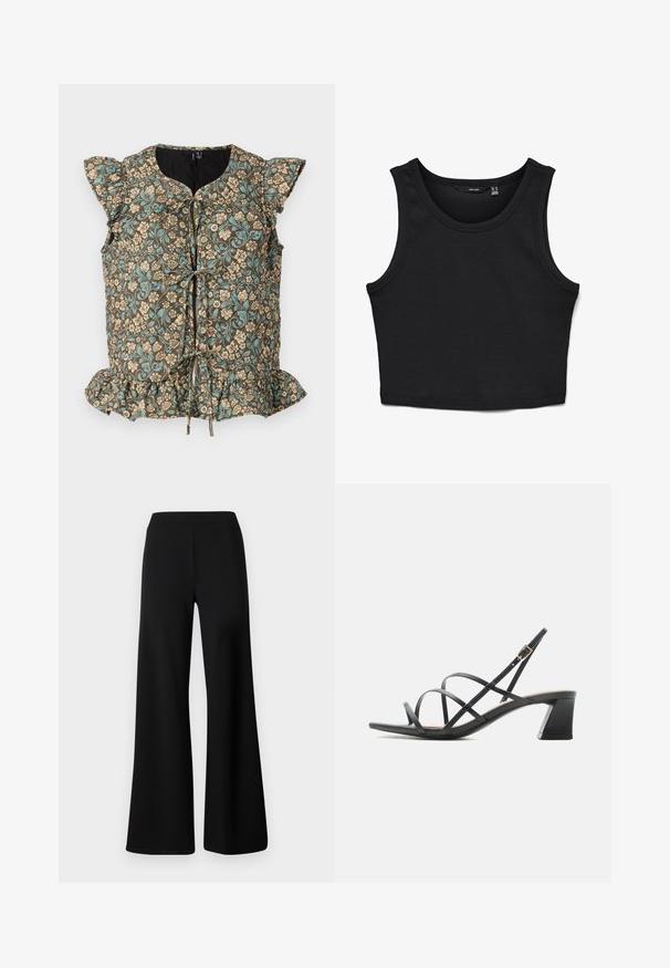 Blomstret top med brun baggrund, blå og beige blomster, flæseærmer, bindebånd foran og flæsekant. Fremstillet i bomuldsblanding.; Sort cropped tank top lavet af ribbet stof. Har brede stropper og en rund halsudskæring med en tætsiddende pasform.; Sorte vide bukser lavet af blød, strækbar stof. Har en glat, elastisk talje og et enkelt, udekoreret design.; Sort sandal med hæl med tynde krydsende remme, ankellås og blok hæl i mellem højde, vist fra siden på en hvid baggrund.