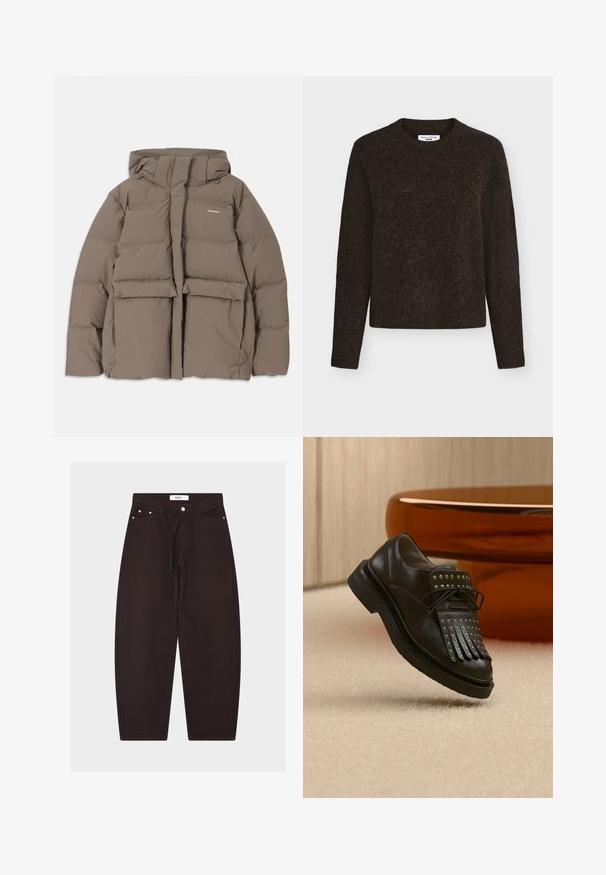 Veste en duvet marron avec capuche, dotée d'une fermeture éclair sur le devant, de deux grandes poches avant et d'une texture mate lisse. Logo de la marque sur la poitrine.; Pull ras du cou marron foncé en matière douce et texturée. Caractérisé par des manches longues et une coupe décontractée avec une légère texture duveteuse.; Pantalon noir à jambes larges avec bouton sur le devant, passants de ceinture, taille à cordon et poches avant, présenté sur un fond uni.; Chaussure en cuir noire à lacets avec franges décoratives et clous métalliques posée sur un tapis beige près d'un meuble marron.