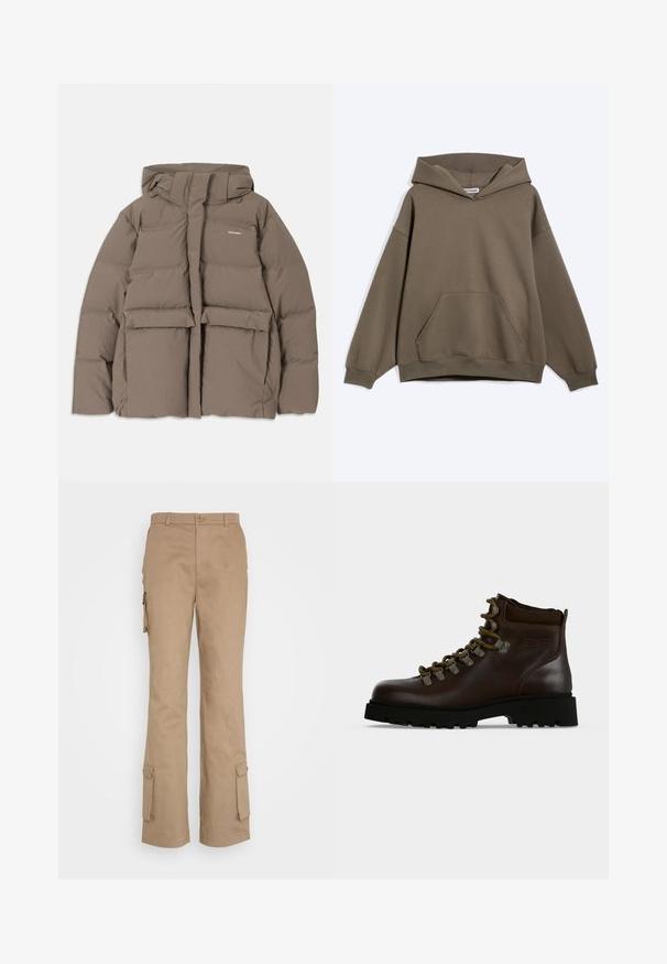 Veste en duvet marron avec capuche, dotée d'une fermeture éclair sur le devant, de deux grandes poches avant et d'une texture mate lisse. Logo de la marque sur la poitrine.; Sweat à capuche marron oversize avec poche kangourou à l'avant et poignets côtelés, présenté sur un fond clair uni.; Nicki Studios STRAIGHT POCKET PANTS - Pantalon cargo - kahve; Bottine en cuir marron foncé avec semelle épaisse en caoutchouc noir, œillets métalliques, lacets vert olive et col rembourré visible de côté.
