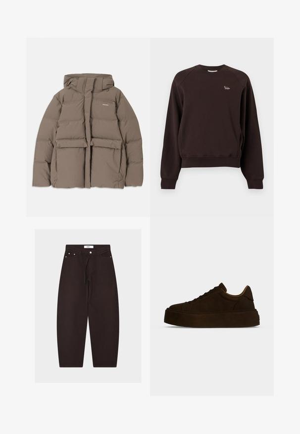 Veste en duvet marron avec capuche, dotée d'une fermeture éclair sur le devant, de deux grandes poches avant et d'une texture mate lisse. Logo de la marque sur la poitrine.; Sweat-shirt marron foncé à manches longues avec col rond, poignets et ourlet côtelés, et un petit logo animalier brodé sur la poitrine gauche.; Pantalon noir à jambes larges avec bouton sur le devant, passants de ceinture, taille à cordon et poches avant, présenté sur un fond uni.; Baskets compensées marron foncé avec semelle épaisse, lacets à l'avant et texture en daim, montrées de profil sur un fond uni.