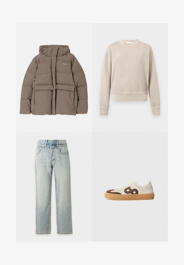 Veste en duvet marron avec capuche, dotée d'une fermeture éclair sur le devant, de deux grandes poches avant et d'une texture mate lisse. Logo de la marque sur la poitrine.; Sweat beige col rond avec manches longues, poignets et ourlet côtelés, petit logo blanc sur le côté gauche de la poitrine, design uni.; Jean bleu clair taille haute, coupe droite, avec poches avant et fermeture par boutons sur fond blanc uni.; Baskets avec un dessus en toile crème, des accents en daim marron, un grand logo stylisé et une semelle en caoutchouc beige avec une texture antidérapante.