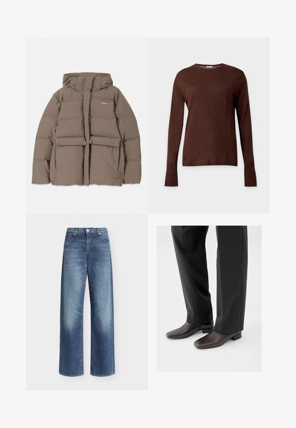 Veste en duvet marron avec capuche, dotée d'une fermeture éclair sur le devant, de deux grandes poches avant et d'une texture mate lisse. Logo de la marque sur la poitrine.; Pull marron à manches longues et col rond avec poignets et ourlet côtelés, présenté sur un fond gris clair uni.; Jean bleu à jambes larges avec taille haute, fermeture à bouton et zip, poches avant et arrière, et détails légèrement délavés sur les cuisses.; Chaussures en cuir marron foncé avec un bout carré et un petit talon bloc, portées avec un pantalon noir sur mesure, affichant une apparence élégante et polie.