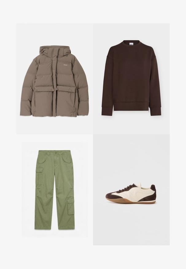 Veste en duvet marron avec capuche, dotée d'une fermeture éclair sur le devant, de deux grandes poches avant et d'une texture mate lisse. Logo de la marque sur la poitrine.; Sweat-shirt marron foncé à manches longues avec col rond, poignets et ourlet côtelés, présenté sur fond blanc.; Pantalon cargo vert olive avec plusieurs poches à rabat, fermeture à boutons, passants pour ceinture, et jambes droites décontractées sur fond blanc uni.; Baskets marron et crème présentant un mélange de matériaux texturés et lisses, profil bas, design à lacets, et semelle en caoutchouc.