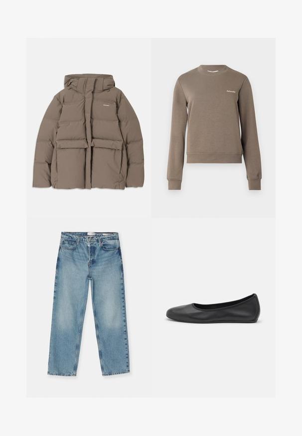 Veste en duvet marron avec capuche, dotée d'une fermeture éclair sur le devant, de deux grandes poches avant et d'une texture mate lisse. Logo de la marque sur la poitrine.; Sweatshirt marron à manches longues, col rond et poignets côtelés. Présente un petit logo blanc sur le côté supérieur gauche. Texture douce.; Jean droit bleu clair avec une finition délavée, comportant cinq poches, des passants de ceinture et une fermeture à glissière. Matériau en denim de coton.; Ballerines en cuir noir avec un bout rond, texture lisse, détails de couture minimalistes et design de semelle flexible.