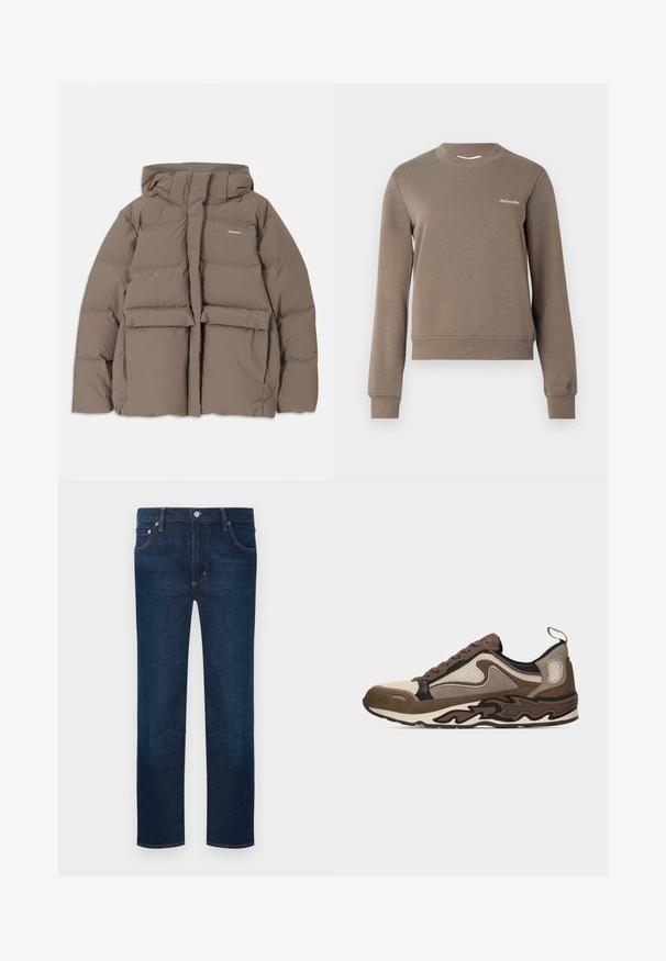 Veste en duvet marron avec capuche, dotée d'une fermeture éclair sur le devant, de deux grandes poches avant et d'une texture mate lisse. Logo de la marque sur la poitrine.; Sweatshirt marron à manches longues, col rond et poignets côtelés. Présente un petit logo blanc sur le côté supérieur gauche. Texture douce.; Jean droit bleu foncé avec cinq poches, fermeture par bouton et coutures orange visibles.; Baskets marron et beige avec panneaux en mesh et en daim, semelle à motif ondulé, devant à lacets et languette au talon, vues de profil.