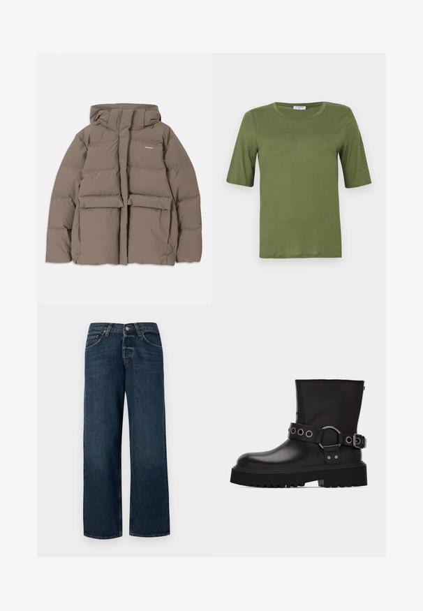 Veste en duvet marron avec capuche, dotée d'une fermeture éclair sur le devant, de deux grandes poches avant et d'une texture mate lisse. Logo de la marque sur la poitrine.; T-shirt à manches courtes vert olive en tissu lisse, doté d'un col rond et d'une coupe droite sans motifs ou accents visibles.; Jeans en denim bleu foncé avec une coupe droite, cinq poches et quincaillerie en métal. Présente une légère décoloration et un ourlet soigné.; Botte en cuir noire mi-mollet avec semelle épaisse à crampons, bride décorative avec œillets en métal argenté et boucle latérale.