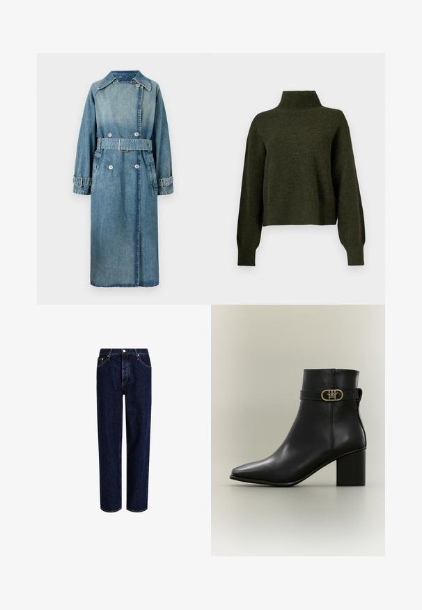 Denim trenchcoat i lys blå. Har krave, dobbeltknapdesign, bælte ved taljen og knapmanchetter med detaljeret syning.; Olivengrøn, cropped sweater med høj hals og lange, løse ærmer. Fremstillet af blødt materiale med en let fuzzy tekstur.; Mørkeblå denim jeans med lige ben-design, der har høj talje, fem-lomme-stil og kontrastsyninger. Ingen dekorationer.; Sort læderankelstøvle med blokhæl og dekorativt gyldent spænde på siden mod en lys baggrund.