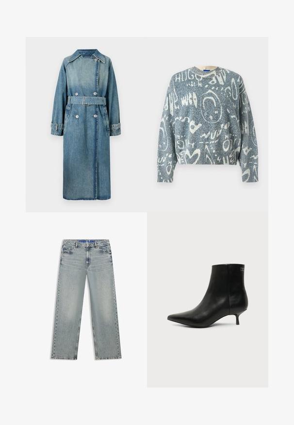 Denim trenchcoat i lys blå. Har krave, dobbeltknapdesign, bælte ved taljen og knapmanchetter med detaljeret syning.; Blå og hvid strikket sweater med abstrakte hvide kruseduller, former og delvise tekstmønstre, med rund halsudskæring og lange ærmer.; Lyseblå jeans med vide ben lavet af denim, med udvaskede områder, fem lommer og en blå mærket taljebånd.; Sort læder ankelstøvle med spids tå og lav kitten hæl på lys baggrund, der viser yderside.