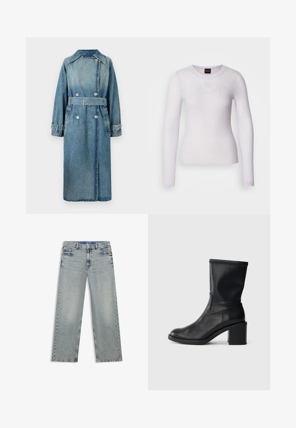 Denim trenchcoat i lys blå. Har krave, dobbeltknapdesign, bælte ved taljen og knapmanchetter med detaljeret syning.; Hvid langærmet top lavet af ribstrikket stof; har rund halsudskæring og tætsiddende design med subtil tekstur og sømdetaljer.; Lyseblå jeans med vide ben lavet af denim, med udvaskede områder, fem lommer og en blå mærket taljebånd.; Sort læder ankelstøvle med rund tå, glat tekstur og en grov hæl, der har et tætsiddende skaft og subtil syning.