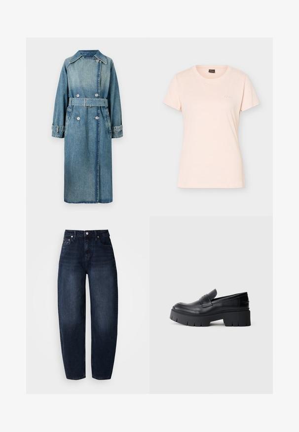 Denim trenchcoat i lys blå. Har krave, dobbeltknapdesign, bælte ved taljen og knapmanchetter med detaljeret syning.; Lyserød kortærmet T-shirt med rund hals og lille præget BOSS-logo på venstre bryst samt sort mærke indvendigt i kraven.; Mørkeblå denimjeans med løs pasform, med høj talje, lige ben og klassisk fem-lomme design.; Sort klodset platform loafers med glat læderoverdel, dekorativ rem og tyk struktureret sål på hvid baggrund.
