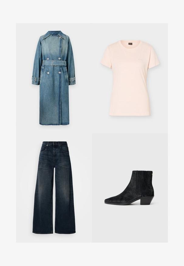 Denim trenchcoat i lys blå. Har krave, dobbeltknapdesign, bælte ved taljen og knapmanchetter med detaljeret syning.; Lyserød kortærmet T-shirt med rund hals og lille præget BOSS-logo på venstre bryst samt sort mærke indvendigt i kraven.; Bredde jeans lavet af mørk denim, med høj talje, frontlommer og en ren finish med subtile udvendinger og minimale syninger.; Sort ankelstøvle med spidse tæer, tekstureret håragtigt materiale, ribbet sidepanel og en lav, firkantet hæl. Simpelt og moderne design.