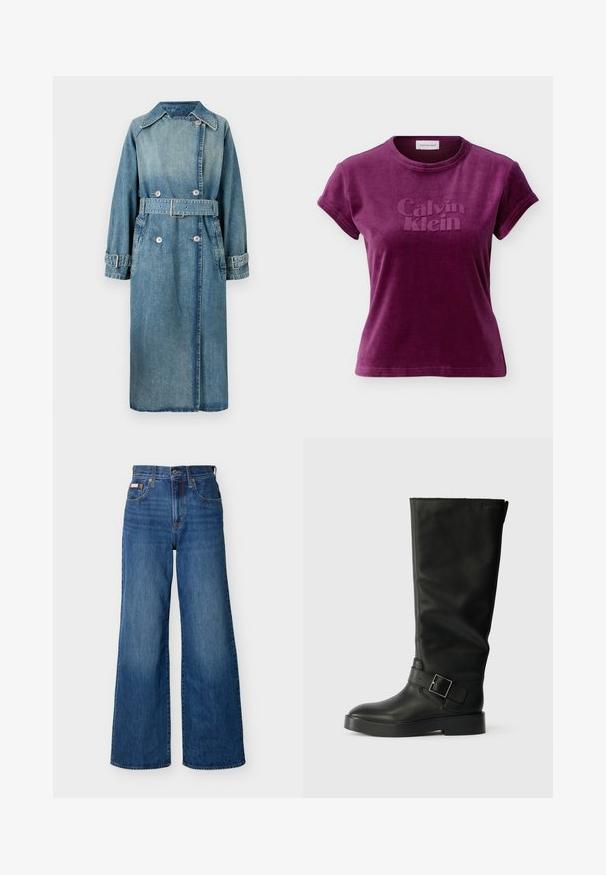 Denim trenchcoat i lys blå. Har krave, dobbeltknapdesign, bælte ved taljen og knapmanchetter med detaljeret syning.; Kortærmet t-shirt i plommerøde velour med præget "Calvin Klein" logo foran og rund halsudskæring.; Blå vidbenede denimjeans med højtaljede, forknapper, lynlås og fem-lomme-design mod en ensfarvet baggrund.; Sorte knæhøje støvler lavet af glat læder, med rund tå, en tyk sål og et vandret rem med en rektangulær spænde detalje.