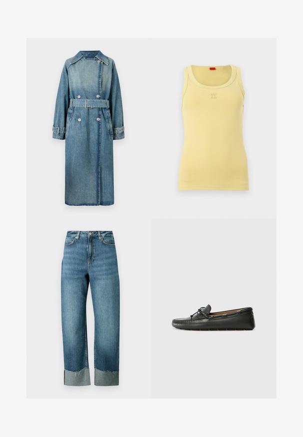 Denim trenchcoat i lys blå. Har krave, dobbeltknapdesign, bælte ved taljen og knapmanchetter med detaljeret syning.; Gul ærmeløs ribstrikket tanktop med rund halsudskæring og lille præget "HUGO"-logo midt på brystet.; Lyseblå denimjeans med en løs, lige pasform. Har en frynset kant og kontrasterende manchet detalje. Fem-lommer design med knaplukning.; Sorte læder bådsko med afrundet tå, stikninger, lille sløjfedetalje og gummisål. Glat tekstur og strømlinet design.