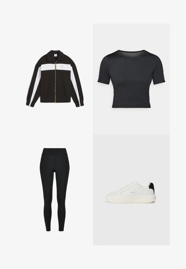 Schwarze Jacke mit weißen horizontalen Streifen und goldenen Akzenten. Verfügt über einen Reißverschluss, Stehkragen sowie gerippte Bündchen und Saum. Glattes Material.; Schwarzes, kurzärmliges Crop-Top aus glattem, elastischem Stoff mit rundem Ausschnitt und dezenten Nahtdetails an den Schultern.; Schwarze Leggings mit hohem Taillenbund, weißen Seitenstreifen und aus dehnbarem Stoff für Komfort und Flexibilität gefertigt.; Weißer Sneaker mit einem Obermaterial aus glattem Leder, runder Zehenpartie, Schnürverschluss und einem kontrastierenden schwarzen Fersenakzent. Verfügt über eine strukturierte Gummisohle.