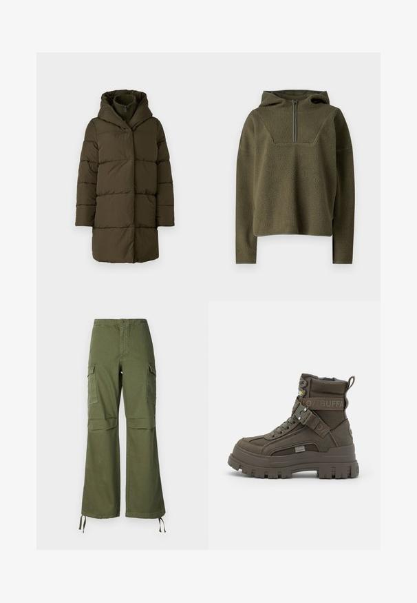 Olijfgroene pufferjas met een ritssluitkap, lange mouwen en een boxy ontwerp met horizontaal gestikte secties en een gladde textuur.; Olijfgroene fleece pullover met capuchon, halve ritssluiting aan de voorkant, textuurstof en contrasterende afwerking aan de onderrand en manchetten.; Olijfgroene cargobroek van katoen, met een brede pijpdesign, twee zijzakken en verstelbare touwen aan de zoom.; Buffalo ASPHA LACEUP MID - Veterboots - khaki