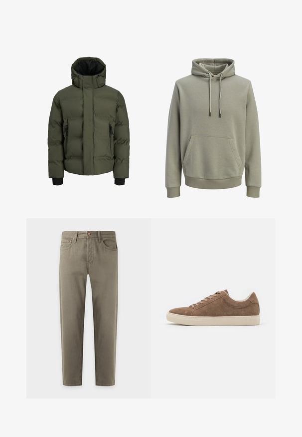 Veste d'hiver matelassée vert olive avec col montant, capuche ajustable, poches zippées noires et poignets noirs côtelés.; Sweat à capuche vert olive clair avec poche kangourou à l'avant, cordons de serrage, et poignets et ourlet côtelés.; Pantalon kaki coupe droite avec bouton à l'avant, fermeture éclair, passants pour ceinture et poches avant sur fond blanc.; Baskets décontractées en daim marron avec une silhouette basse, semelle en caoutchouc beige et six trous de lacet. Bout rond et design minimaliste.