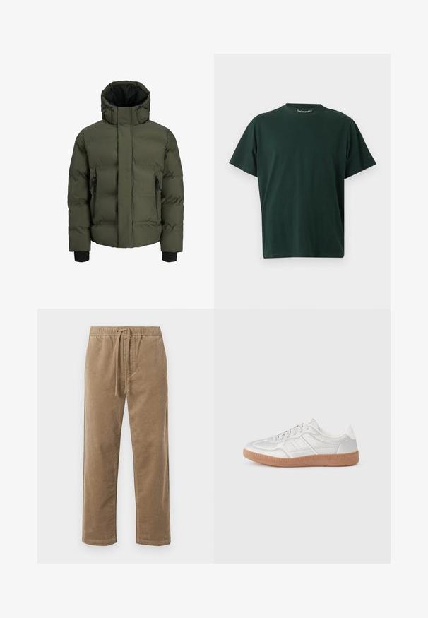 Veste d'hiver matelassée vert olive avec col montant, capuche ajustable, poches zippées noires et poignets noirs côtelés.; T-shirt vert foncé à manches courtes et col rond, coupe droite, avec la marque « Selected » à l’intérieur du col.; Pantalon en velours côtelé brun avec taille élastique et cordon de serrage, offrant une coupe décontractée et des jambes droites, surface texturée avec un motif côtelé.; Baskets argentées avec une texture lisse, un design à lacets, des accents perforés et une semelle en caoutchouc marron texturé.