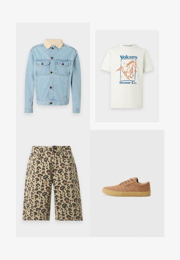 Veste en denim bleu clair avec col en velours côtelé beige, fermeture boutonnée avant et deux poches poitrine boutonnées.; T-shirt en coton blanc avec un graphisme d'un cheval au galop, le texte "Volcom" en bleu, et des étoiles orange dans un contour rectangulaire.; Shorts à imprimé léopard en mélange de coton, présentant un fond beige avec des taches noires et marron, conception à cinq poches et fermeture par bouton.; Etnies BARGE - Baskets basses - brown/beige/gum