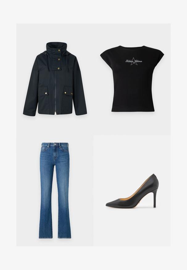 Donkerblauwe waterdichte jas met hoge kraag, gouden hardware, twee voorkeurszakken en een rits. Het materiaal lijkt glad en duurzaam.; Zwart T-shirt met korte mouwen van katoen, voorzien van een sterrenontwerp met "Guess Jeans" in het wit en strass-steentjes aan de voorkant.; Blauwe flared jeans van denim, met een hoge taille, een knoopsluiting aan de voorkant en een klassieke vijf-pocket stijl met subtiele vervagingselementen.; Zwarte leren puntige hakken met een stiletto hak, voorzien van een gladde textuur en een minimalistisch ontwerp. Interieur is gevoerd in een tan kleur.
