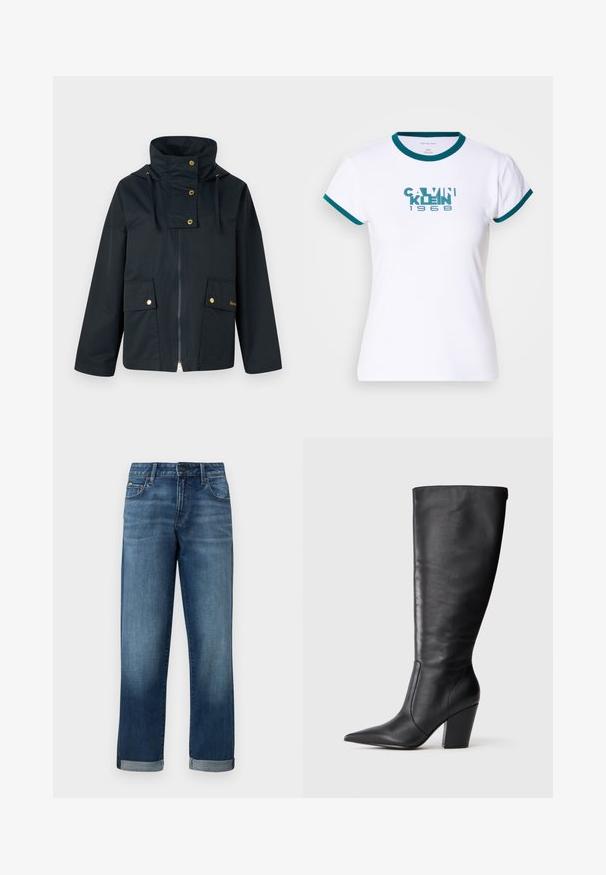 Donkerblauwe waterdichte jas met hoge kraag, gouden hardware, twee voorkeurszakken en een rits. Het materiaal lijkt glad en duurzaam.; Witte t-shirt met korte mouwen en teal kleurige ribboord aan de kraag en mouwen. Voorzien van het logo "CALVIN KLEIN 1968" in teal op de voorkant. Gemaakt van katoen.; Spijkerbroek in een middelblauwe wassing met een rechte pijpdesign, voorzien van opgerolde manchetten en minimale slijtage. Klassieke vijfzakkenstijl.; Zwarte leren kniehoge laars met puntige neus en chunky hoge hak, getoond in zijaanzicht aan de linkerkant op een witte achtergrond.