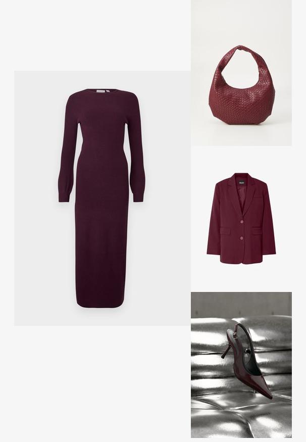 Blazer burdeos con solapa de muesca, dos bolsillos frontales, dos botones y una textura suave. Etiqueta de la marca 'PIECES' visible en el interior.; Vestido de punto burdeos de manga larga con silueta ajustada, escote redondo y textura acanalada; hasta la rodilla con mangas ligeramente acampanadas.; Zapato de tacón alto tipo slingback de color rojo oscuro con puntera puntiaguda, descansando sobre una superficie acolchada metálica plateada y brillante.; Bolso de mano burdeos tejido con una silueta redondeada, un solo asa y un acabado texturizado. Cierre con cremallera en la parte superior.