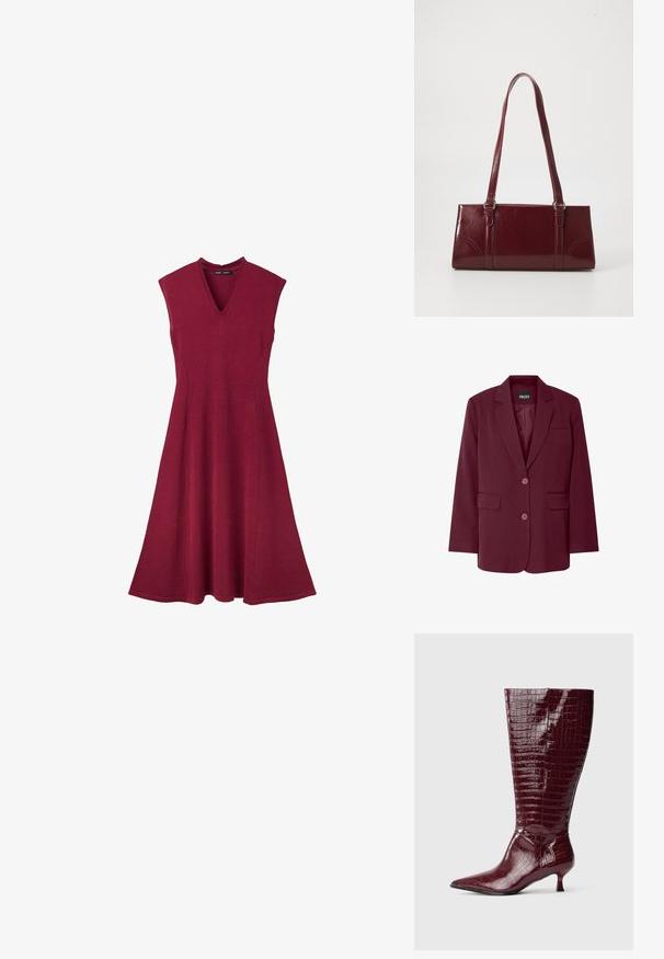 Blazer burdeos con solapa de muesca, dos bolsillos frontales, dos botones y una textura suave. Etiqueta de la marca 'PIECES' visible en el interior.; Vestido sin mangas burdeos con cuerpo ajustado, escote en V y falda acampanada que llega por debajo de la rodilla.; Botas altas hasta la rodilla de charol burdeos con textura de cocodrilo, punta puntiaguda y tacón bajo de bloque, con un diseño elegante y ajustado.; Bolso burdeos hecho de material brillante, de forma rectangular, con dos asas para el hombro y sutiles acentos curvados en la parte frontal.
