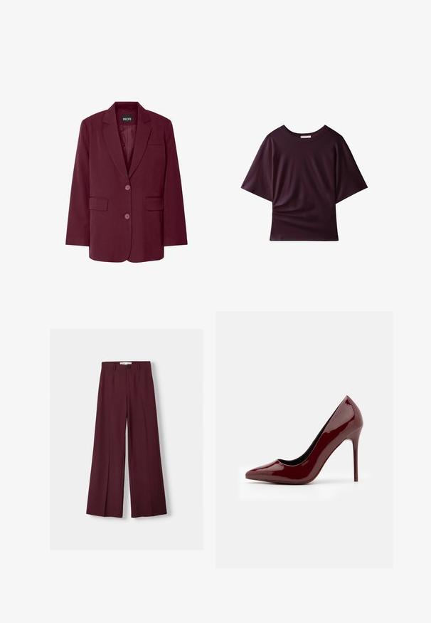 Bordeaux blazer med klapkrave, to forlommer, to knapper og en glat tekstur. Mærkeetiketten 'PIECES' synlig indvendigt.; Kortærmet mørkelilla t-shirt med rund hals, løs pasform og diskrete sidesamlinger på hvid baggrund.; Bordeaux bredde benbukser lavet af glat stof, med en frontknaplukning og rene folder for et skræddersyet udseende.; Vinrød laklæderspidsede pumps med høje hæle, elegant design og en blank finish; har en tynd stiletthæl.