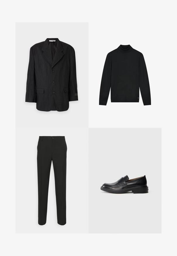 Čierny blazer vyrobený z textúrovanej tkaniny, s klopou na výstrihu, šiestimi gombíkmi a dvoma vreckami. Na ľavom rukáve je detail s nášivkou.; Čierny rolák vyrobený z mäkkého materiálu, s dlhými rukávmi a priliehavým golierom. Minimalistický dizajn bez viditeľných vzorov.; Čierne úzke nohavice so rovno strihaným strihom, s jedným gombíkom na zapínanie a pútkami na opasok. Hladká, matná tkanina bez vzorov.; Čierne kožené slip-on formálne topánky s nízkym podpätkom a diskrétnym logom Calvin Klein na boku, zobrazené v profilu na bielom pozadí.