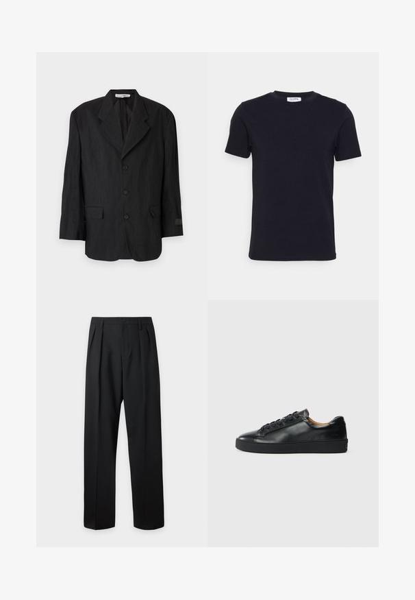 Blazer noir en tissu texturé, avec un revers cranté, six boutons et deux poches. La manche gauche présente un détail de label.; T-shirt noir à manches courtes avec un col ras-du-cou, muni d'une petite étiquette blanche à l'intérieur du col.; Pantalon noir taille haute, sur-mesure, avec passants pour ceinture, plis sur le devant, fermeture par bouton et jambes droites larges sur fond clair.; Baskets en cuir noir avec une texture lisse, bout rond et fermeture à lacets. Comprend une semelle en caoutchouc épaisse et un minimum de détails de marque.