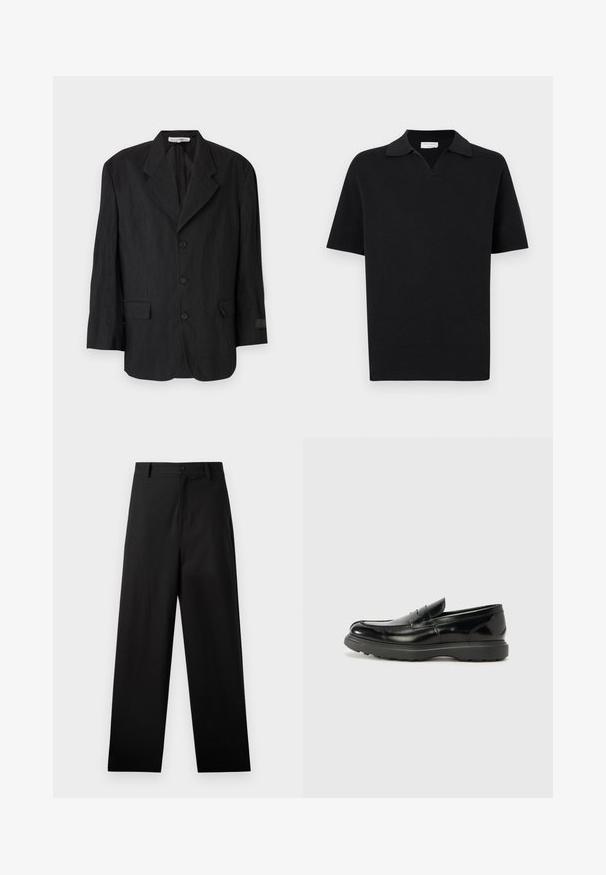 Blazer noir en tissu texturé, avec un revers cranté, six boutons et deux poches. La manche gauche présente un détail de label.; Polo en maille noire à manches courtes avec col en V ouvert, étiquette "Tiger of Sweden" à l'intérieur du col.; Pantalons noirs en coton avec une coupe droite, dotés d'une fermeture à bouton à l'avant et de poches latérales. Texture lisse, sans motifs.; Mocassin en cuir noir avec une finition brillante, bout arrondi, détails de couture subtils et semelle en caoutchouc épaisse pour la durabilité.