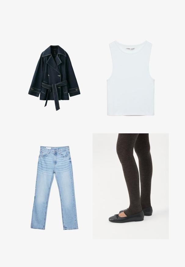 Veste en denim bleu foncé à double boutonnage avec larges revers, taille ceinturée, poignets à boutons et poches avant.; Crop top blanc sans manches avec col rond, en tissu lisse, étiqueté Pull&Bear, adapté pour un usage décontracté.; Jean en denim bleu clair à coupe droite avec cinq poches et une fermeture par bouton à la taille, posé à plat sur un fond blanc.; Jambes portant des leggings côtelés foncés associés à des ballerines noires avec de petits détails en nœud sur fond blanc.