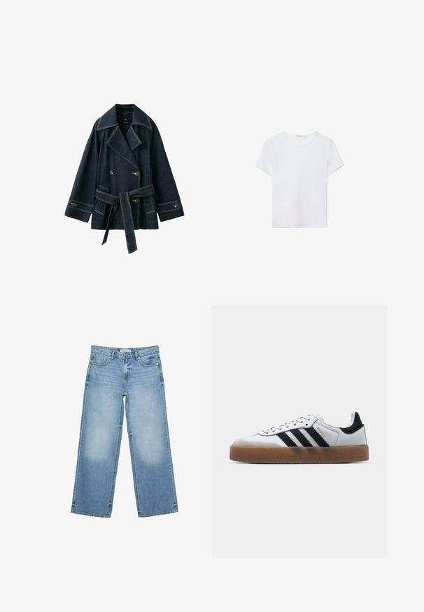 Veste en denim bleu foncé à double boutonnage avec larges revers, taille ceinturée, poignets à boutons et poches avant.; T-shirt blanc à manches courtes en tissu doux. Dispose d'un col rond et d'un design simple et épuré avec un ourlet droit.; Jean large bleu clair en denim. Les caractéristiques incluent des poches avant, une fermeture éclair et un léger délavage le long des cuisses.; Baskets en cuir blanc avec des rayures noires, semelle extérieure en caoutchouc beige, bout rond, fermeture lacée et embout en suède gris doux.