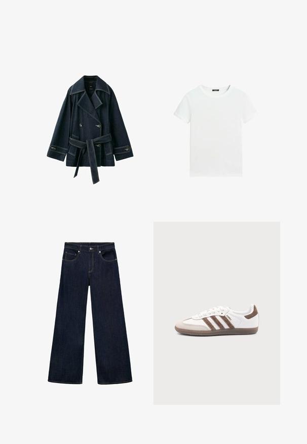 Mørkeblå denim dobbeltradet jakke med brede revers, bælte i taljen, knaplukning ved ærmerne og forlommer.; Almindelig hvid T-shirt med korte ærmer, rund halsudskæring og lille sort label inden i kraven.; Mørkeblå denim brede bukser med høj talje, der har fem lommer, metalknaplukning og synlige stikninger.; Hvid Adidas Samba sneaker med brune ruskindstriber, brun gummisål og beige ruskindståhætte, vist fra ydersiden på en ensfarvet baggrund.
