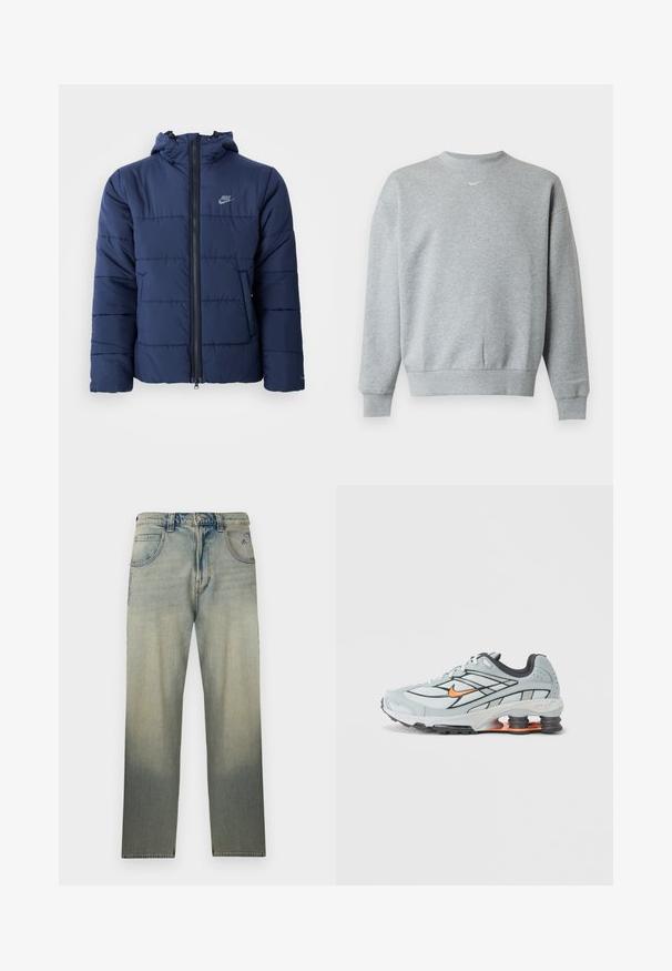 Marineblauwe gewatteerde jas met een capuchon, voorzien van een ritssluiting aan de voorzijde, een horizontaal stiksels patroon en een klein logo op de bovenste linkerborst.; Lichtgrijze sweatshirt met lange mouwen en ronde hals, met geribde manchetten en zoom, met een klein wit Nike swoosh-logo midden op de borst.; Verbleekte jeans met rechte pijp, vijf zakken, knoopsluiting en subtiele stikdetails bij de voorzakken.; Lichtgrijze hardloopschoen met zwarte accenten, oranje logo, bovenwerk van mesh, gevoerde kraag en rubberen zool met zichtbare schokabsorberende elementen.