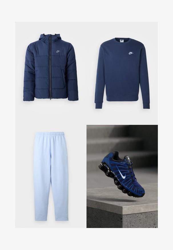 Marineblauwe gewatteerde jas met een capuchon, voorzien van een ritssluiting aan de voorzijde, een horizontaal stiksels patroon en een klein logo op de bovenste linkerborst.; Donkerblauwe Nike-sweater met lange mouwen, ribgebreide boorden en zoom, ronde halslijn en wit logo op de borst. Gemaakt van zachte stof.; Lichtblauwe, recht gesneden sweatpants met elastische tailleband, subtiel logo aan de zijkant, zonder zichtbare zakken of extra details.; Blauwe en zwarte Nike hardloopschoen met wit swoosh-logo, zwevend boven een betonnen rand met gestructureerde treden op de vervaagde achtergrond.