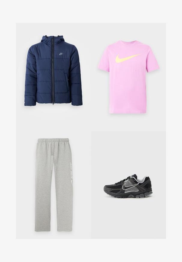 Tummansininen puhvijakku, jossa on huppu, edessä vetoketju, vaakasuora ompelukuviota ja pieni logo vasemmassa ylärinnassa.; Vaaleanliila lyhythihainen t-paita, jossa suuri keltainen Nike Swoosh -logo keskellä rintaa.; Harmaat collegehousut pehmeästä materiaalista, joissa on joustava vyötärönauha. Yhdellä lahkeella on valkoinen "JUST DO IT" -teksti ja Nike-swoosh-logo.; Musta urheilukenkä, jossa verkkomaiset paneelit ja synteettisiä yksityiskohtia. Varustettu pyöreällä kärjellä, paksulla pehmustetulla pohjalla ja kontrastivärisillä valkoisilla logotiedoilla.