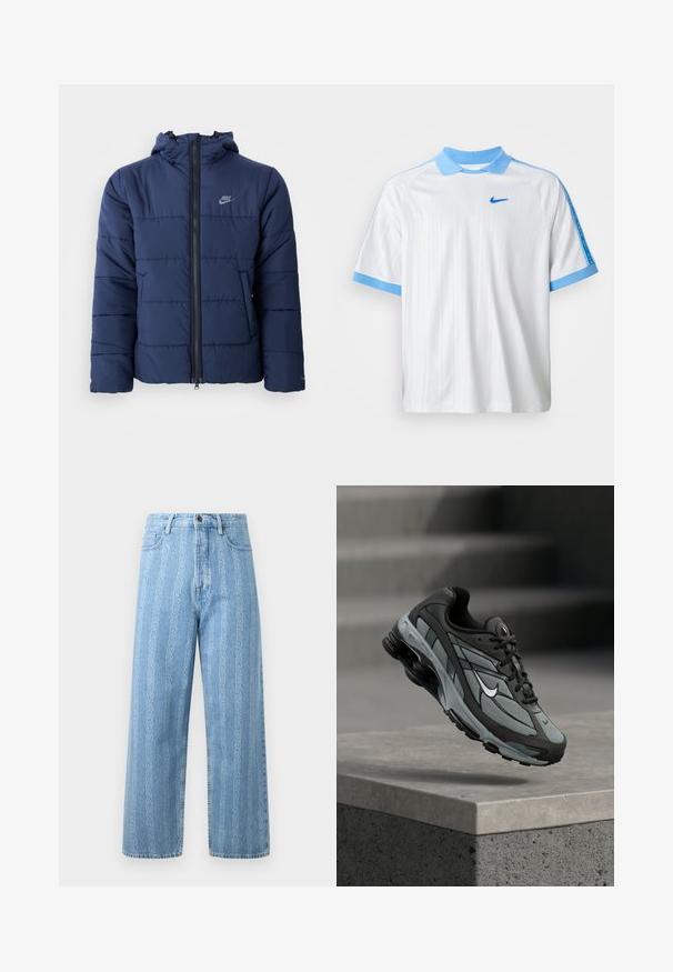 Tummansininen puhvijakku, jossa on huppu, edessä vetoketju, vaakasuora ompelukuviota ja pieni logo vasemmassa ylärinnassa.; Valkoinen Nike-urheilu paita, jossa on vaaleansininen kaulus, hihojen reunat ja olkasuunnitelmat, ja rintaosassa pieni sininen Nike-logomerkki.; Vaaleansinisiä farkkuja, joissa on leveä lahkeiden muotoilu ja toistuva ketjumalli. Klassinen viisi-tasku muotoilu ja metallinappiyksityiskohta.; Harmaa ja musta urheilukenkä, jossa on verkkopaneelit ja paksu pohja, ilmassa betonisen reunuksen ja portaitten yläpuolella taustalla.
