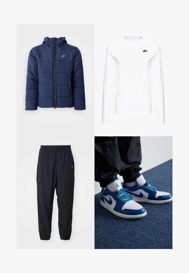 Marineblå pufferjakke med hætte, der har en frontlynlås, horisontalt stikmønster og et lille logo på venstre bryst.; Hvid langærmet T-shirt lavet af bomuld, med et lille sort Nike-logo på venstre bryst og en rund halsudskæring. Glat tekstur.; Sorte cargo-bukser lavet af letvægtsmateriale, der har en elastisk talje, sidelommer og en afslappet pasform med elastiske manchetter.; Nike Air Jordan sneakers har en hvid læderbase med blå syntetiske detaljer, en perforeret tåboks og blå snørebånd.