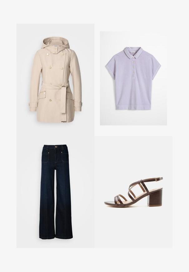 Manteau beige en trench avec capuche, design à double boutonnage, grands boutons, ceinture à nouer à la taille et poches latérales zippées. Texture de tissu lisse.; Polo à manches courtes de couleur violet clair avec un col et quatre boutons blancs sur le devant, présenté sur un fond blanc.; Jean en denim à jambes larges de couleur bleu foncé. Dispose de poches avant, de quincaillerie dorée et de coutures contrastées. Texture lisse avec un design décontracté.; Sandale marron en cuir à brides avec un talon bloc de hauteur moyenne et une bride de cheville réglable avec boucle sur fond blanc.