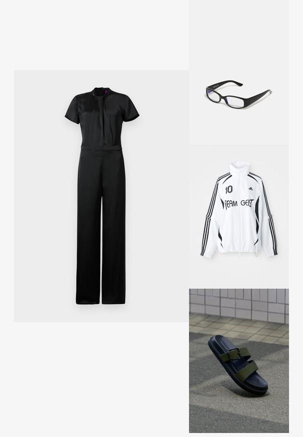 Valge jakk mustade aktsentidega, millel on kõrge krae, luku ees, Adidas'i logo, suur "10" trükk ja "TEAM GEIST" tekst. kolm rida.; Must mustan overall lühikeste varrukatega, kõrge kaelusega, pleidiga detailidega, keha lähedane talje ja laiad püksid.; Mustad libisev sandaal kahe oliivrohelise rihmaga ja hõbedase pandlaga, mis toetub hallile asfaldile tiilpõranda ääres.; Mustad mustad prillid selgete läätsedega. Läikiv viimistlus, kitsad vars, ja läätsede servadel on nähtav lilla varjund.