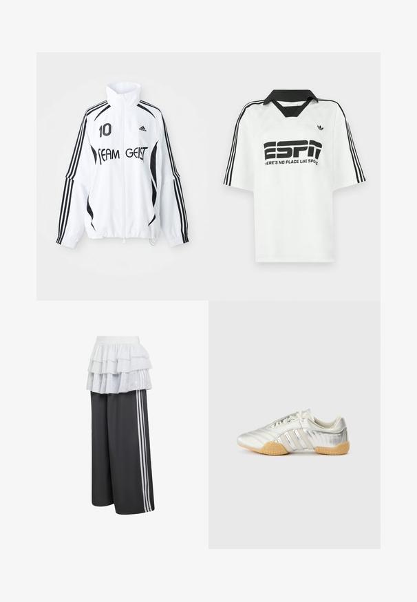 Veste blanche avec accents noirs, dotée d'un col haut, d'un zip à l'avant, du logo Adidas, d'un grand imprimé "10" et du texte "TEAM GEIST". три строчки.; Chemise blanche à manches courtes avec un col noir, trois bandes noires sur les manches, et un texte noir audacieux indiquant "ESPN" et "IL N'Y A PAS DE LIEU COMME LES SPOTS."; Pantalon de sport gris foncé avec trois bandes blanches sur les côtés, surmonté d'un volant superposé blanc. Tissu doux, coupe ample.; Chaussure de sport argentée avec une tige en cuir lisse, une semelle en caoutchouc et des accents texturés. Présente un design incurvé et des lacets ton sur ton.