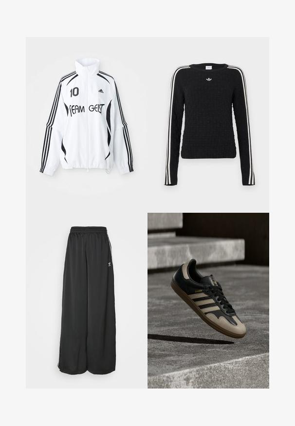 Weißer Anzug mit schwarzen Akzenten, mit hohem Kragen, Reißverschluss vorne, Adidas-Logo, großem "10"-Druck und "TEAM GEIST"-Text.; Schwarzer Strickpullover mit strukturierter Oberfläche, langen Ärmeln, Rundhalsausschnitt und weißen Seitenstreifen sowie einem gestickten Logo auf der Brust.; Schwarze, locker sitzende Jogginghosen aus glattem Material. Mit elastischem Bund und seitlichen Streifen mit Logo-Akzenten.; Schwarzer und beiger Ledersneaker mit drei weißen Streifen, tannengrüner Gummisohle und goldener "Samba"-Detailierung an der Seite.