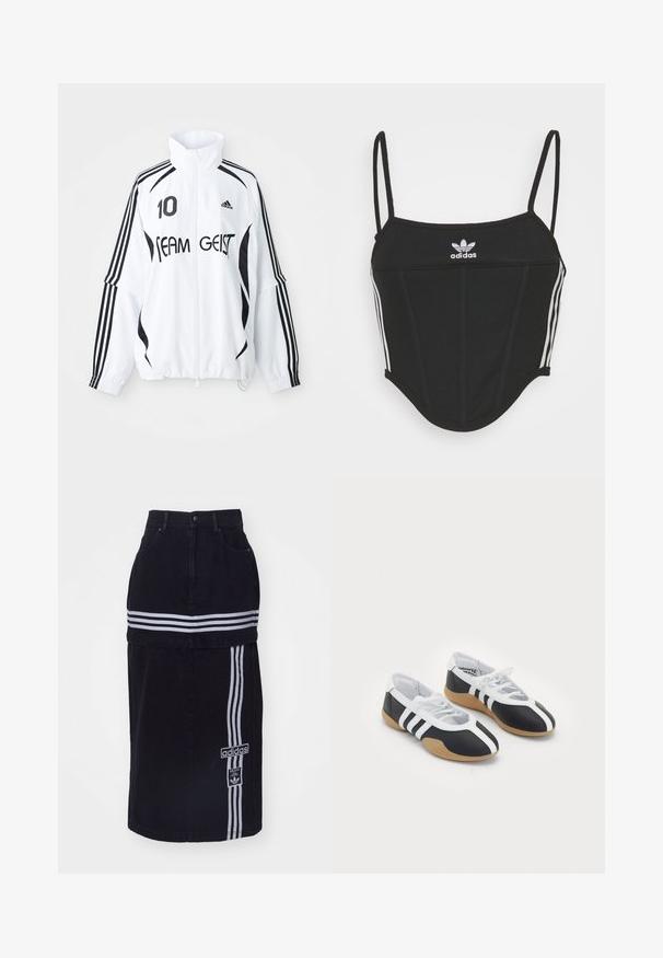 Veste blanche avec accents noirs, dotée d'un col haut, d'un zip à l'avant, du logo Adidas, d'un grand imprimé "10" et du texte "TEAM GEIST". три строчки.; Top court noir à côtes avec des bretelles fines réglables, comportant trois rayures blanches sur les côtés et un petit logo Adidas blanc au centre.; Jupe en denim noir à taille haute, avec deux bandes horizontales blanches, une étiquette de logo Adidas sur le côté et un design droit.; Baskets de sport noir et blanc au design élégant, semelle en caoutchouc, fermeture à lacets et trois rayures blanches sur les côtés.