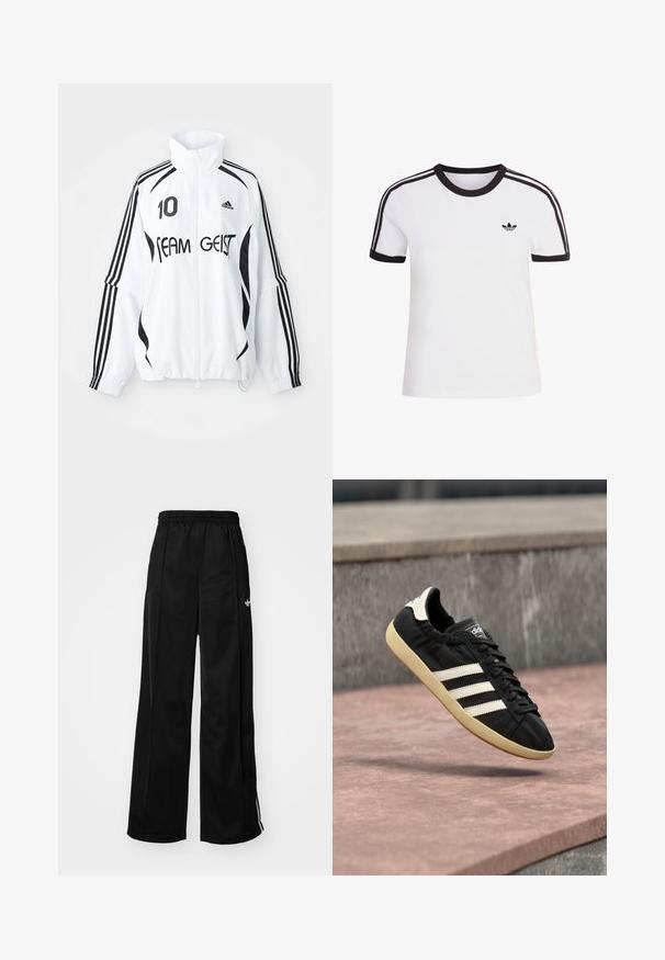Weißer Anzug mit schwarzen Akzenten, mit hohem Kragen, Reißverschluss vorne, Adidas-Logo, großem "10"-Druck und "TEAM GEIST"-Text.; Weißes kurzärmliges T-Shirt mit schwarzen Akzenten, mit rundem Ausschnitt und drei schwarzen Streifen auf jeder Schulter. Kleines schwarzes Logo auf der Brust.; Schwarze weiter Schnitt Jogginghose mit elastischem Bund, mit weißen Seitenstreifen und kleinem Logo auf der linken Hüfte. Glatte Stofftextur.; Schwarzer Adidas-Sneaker mit weißen Streifen und beiger Sohle, in der Luft über einer steinernen Oberfläche und mit Steinwand im Hintergrund aufgenommen.