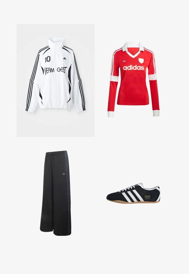 Valge jakk mustade aktsentidega, millel on kõrge krae, luku ees, Adidas'i logo, suur "10" trükk ja "TEAM GEIST" tekst. kolm rida.; Punane pikade varrukatega jalgpallipluus valge krae ja varrukateotstega. Omab kolme valget triipu õlgadel ja väljapaistvat "adidas" logo.; Mustad laiade jalgadega püksid kummiga vöökohaga, küljetaskute ja kolme tumesinise triibuga pükste külgedel, ühel jalal Adidas logo.; Must musta tennisjalanikesed valgete kolme triibuga, kuldse logo ja pruuni kummitaldiga. Omab madalat sidumise disaini.