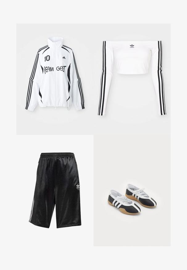 Veste blanche avec accents noirs, dotée d'un col haut, d'un zip à l'avant, du logo Adidas, d'un grand imprimé "10" et du texte "TEAM GEIST". три строчки.; Haut court blanc à manches longues et décolleté épaule en tissu extensible. Il présente des accents noirs à trois bandes sur les manches et un petit logo noir sur la poitrine.; Shorts de sport noirs en tissu lisse, dotés d'une taille avec cordon de serrage, de poches latérales et de trois bandes blanches sur les côtés.; Baskets de sport noir et blanc au design élégant, semelle en caoutchouc, fermeture à lacets et trois rayures blanches sur les côtés.